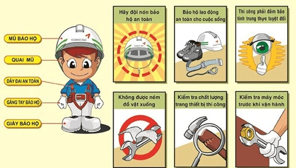 Hình ảnh minh họa các dụng cụ trang bị bảo hộ lao động thiết yếu trên công trường, bao gồm mũ, kính và găng tay.
