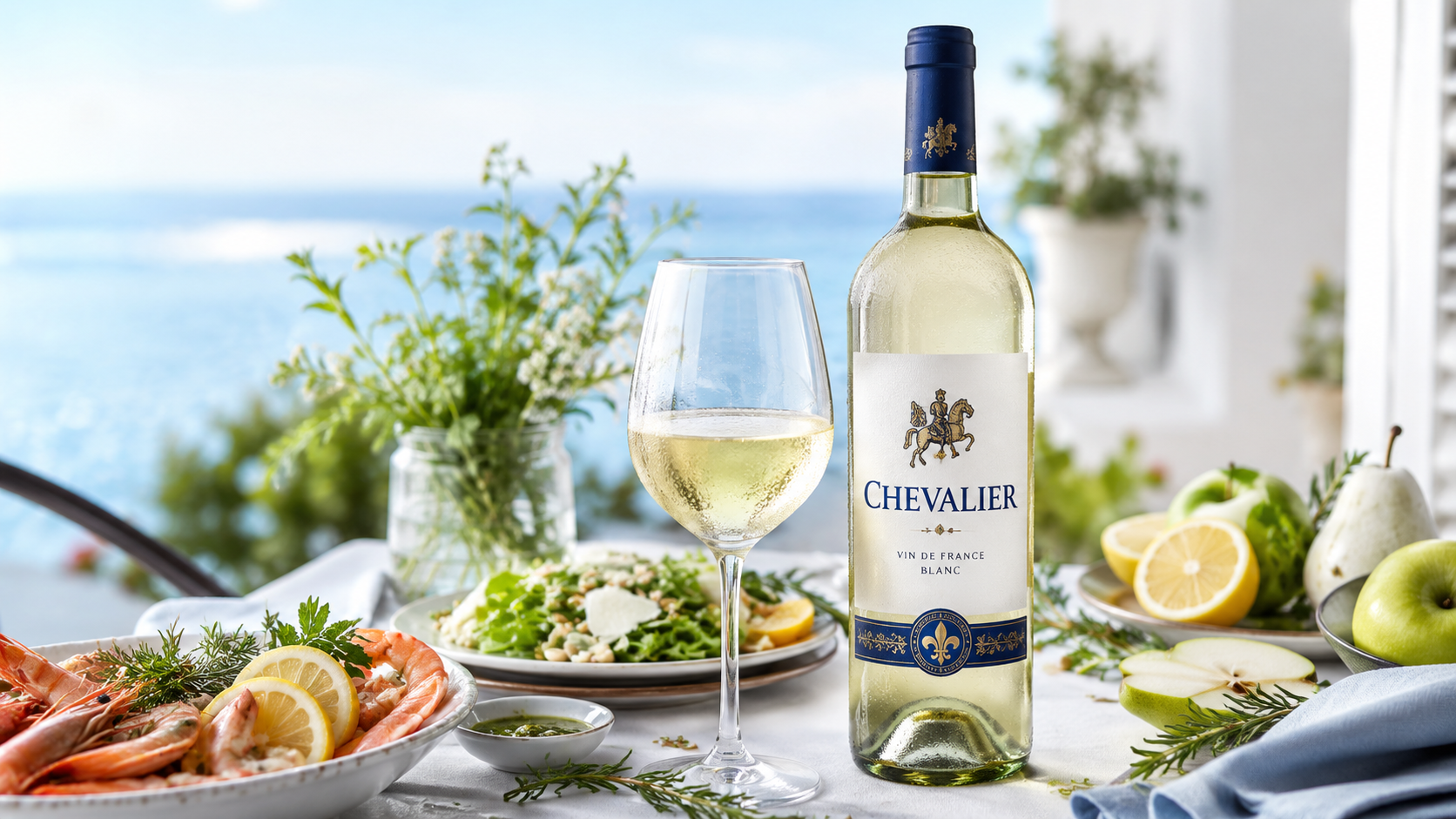 Chai vang trắng Chevalier và ly rượu -> đặt trên bàn tiệc ngoài trời -> chai thủy tinh trong suốt, nắp xanh navy, nhãn trắng có huy hiệu ngựa, rượu màu vàng nhạt, tôm, salad, chanh, táo xanh -> nền bi