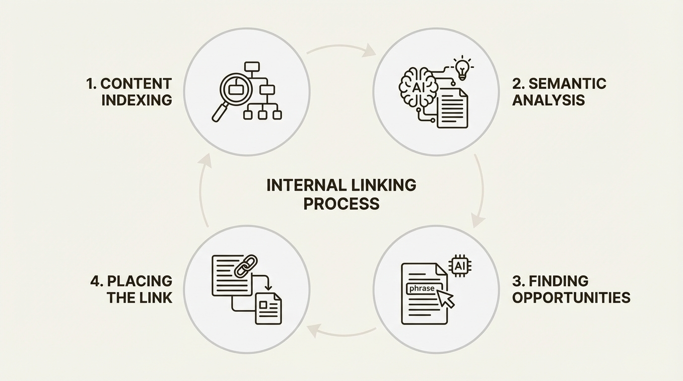 An infographic detailing the 4-step process of an AI blog writing tool with internal linking automation, from indexing to link placement.