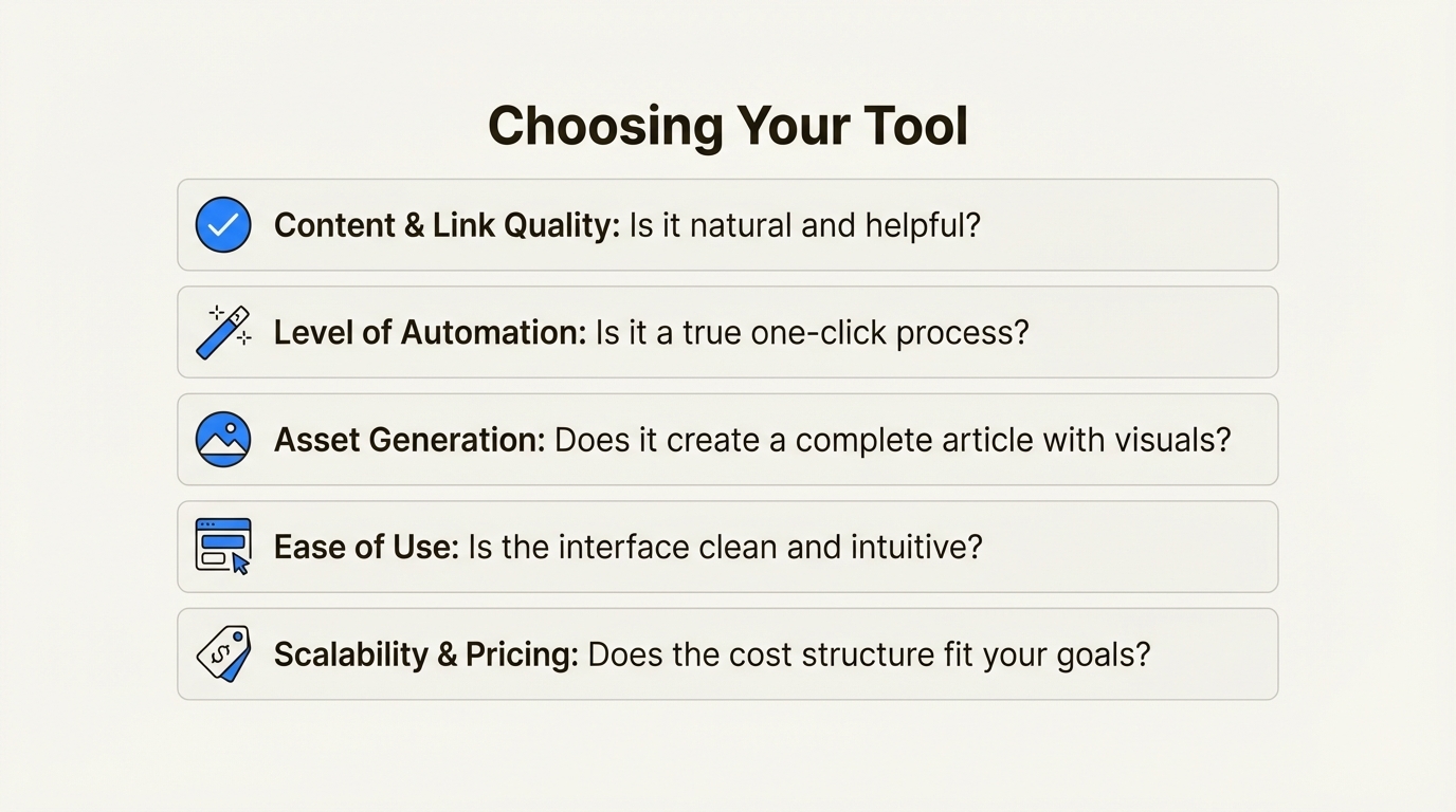 An infographic checklist for choosing an AI blog writing tool with internal linking automation, covering quality, automation, assets, ease of use, and pricing.