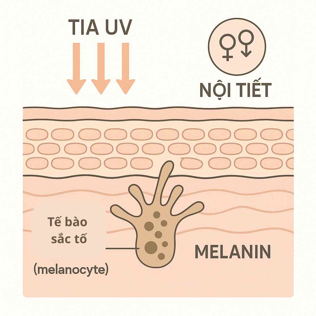 Tia UV kết hợp với sự mất cân bằng nội tiết là nguyên nhân chính thúc đẩy tăng sắc tố da