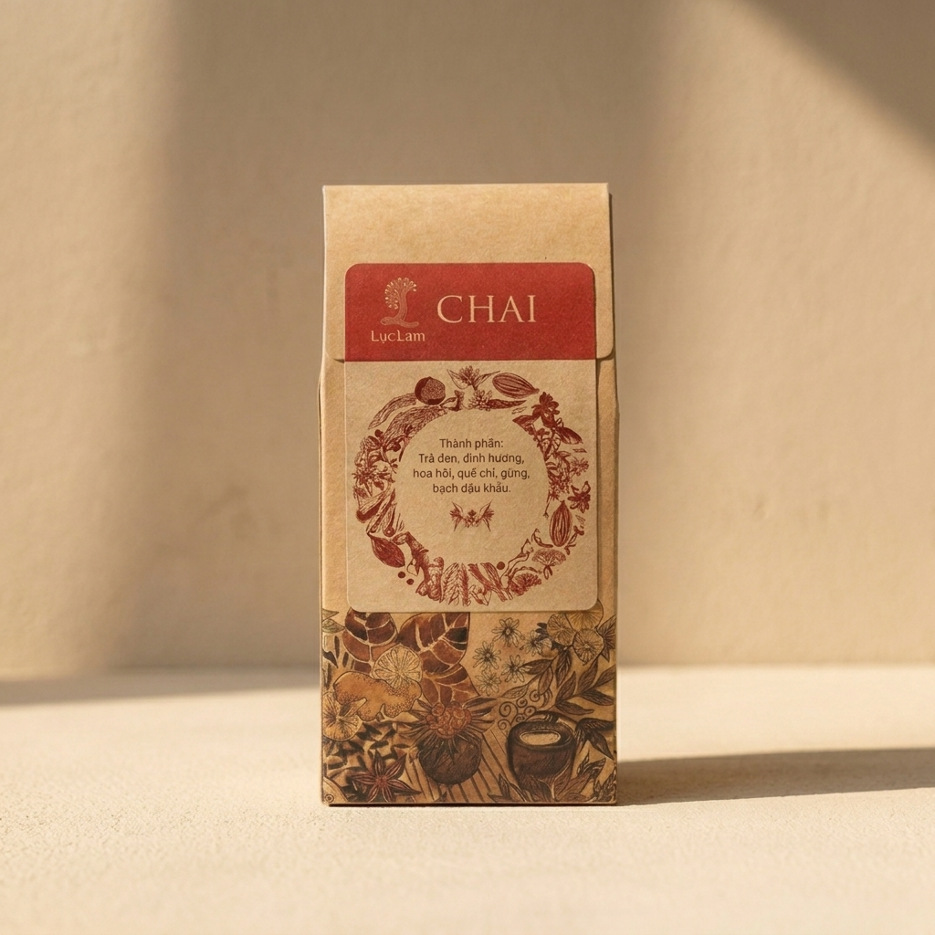 Trà Chai là "trà hoa, trà thảo mộc " trong Hộp giấy 50gr; tên sản phẩm và quy cách được thể hiện trên bao bì; quy cách 50g. Điểm nhận diện: hương quế ấm kết hợp cùng nền trà được tuyển chọn.