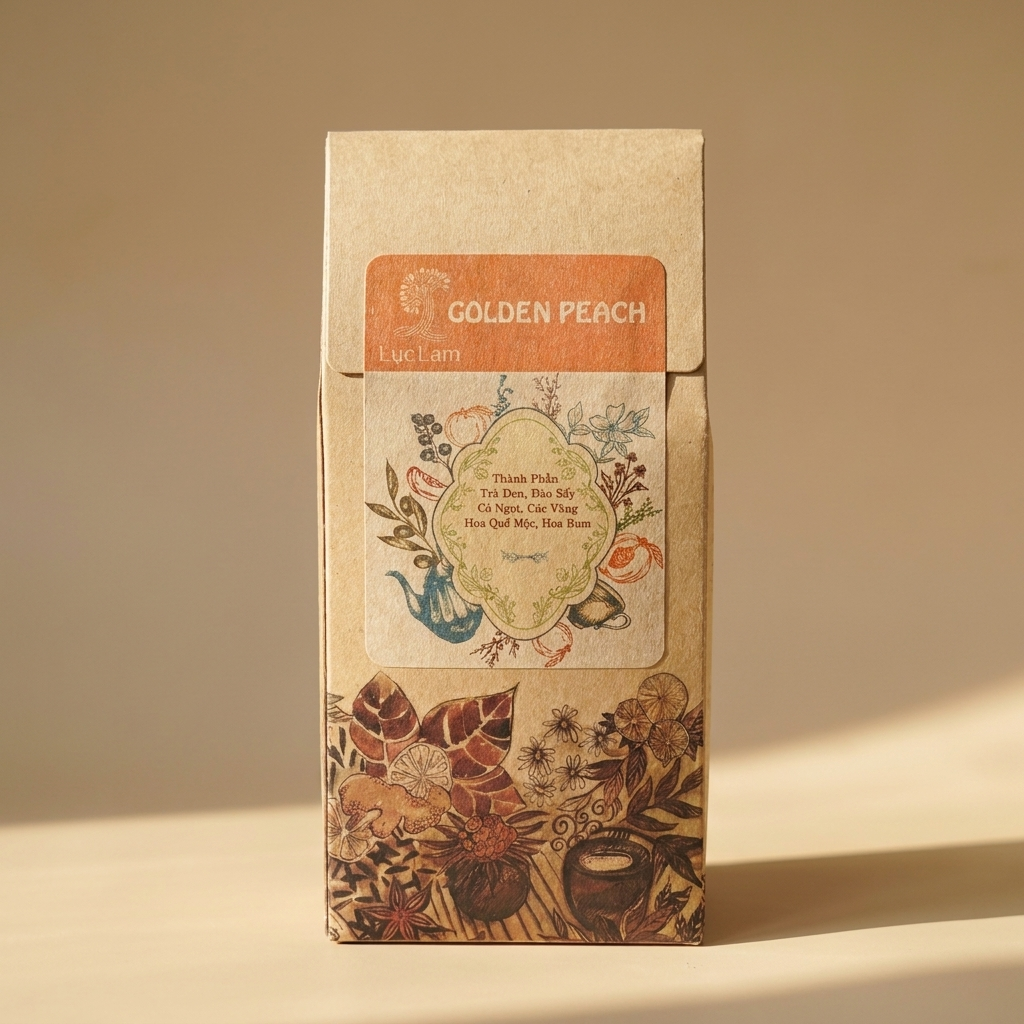Trà Golden Peach là "trà hoa, trà thảo mộc " trong Hộp giấy 50gr; tên sản phẩm và quy cách được thể hiện trên bao bì; quy cách 50g. Điểm nhận diện: Trà golden peach có thành phần: Trà đen, đào sấy, ho