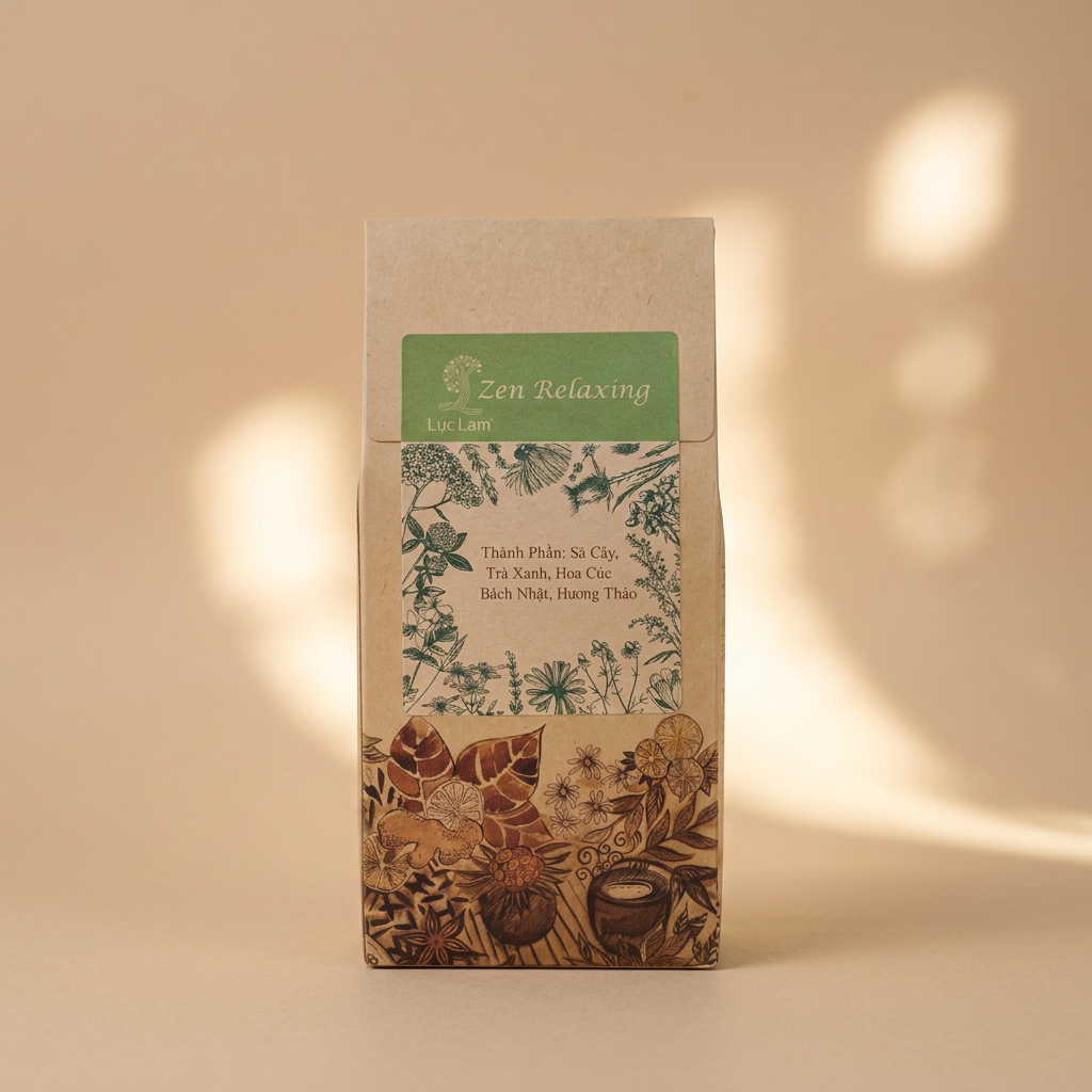 Trà Zen Relaxing là "trà hoa, trà thảo mộc " trong Hộp giấy 50gr; tên sản phẩm và quy cách được thể hiện trên bao bì; quy cách 50g. Điểm nhận diện: Vị trà Zen relaxing gây bất ngờ đầu tiên bởi hương v