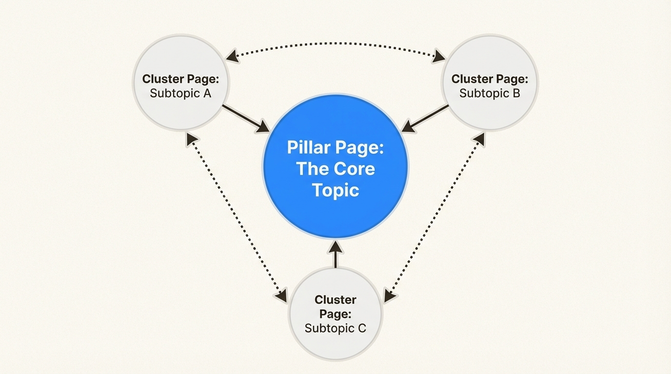 An infographic from a topical authority guide showing the hub-and-spoke model, with a central pillar page linked to and from multiple cluster content pages.