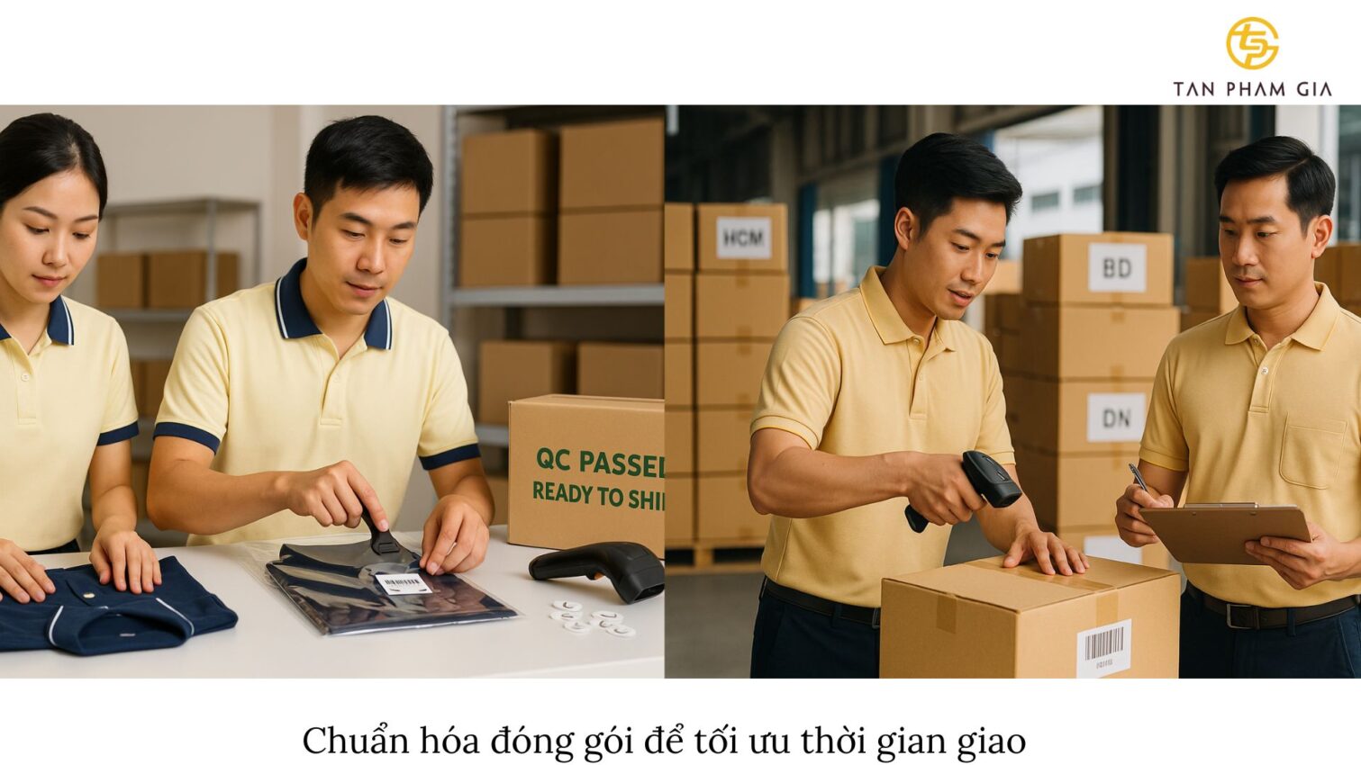 Nhân viên kiểm tra đơn hàng đồng phục tại xưởng.