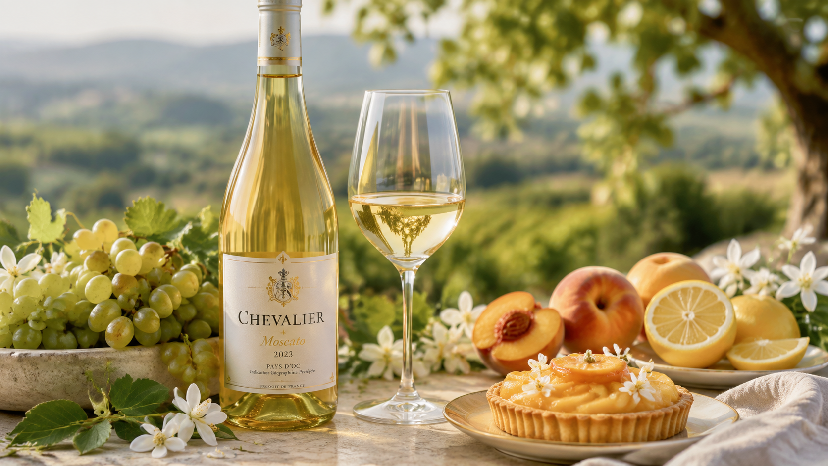 Chai rượu vang trắng Chevalier Moscato 2023 và ly rượu đã rót, đặt cạnh nho xanh, đào, chanh và bánh tart trái cây trên bàn đá ngoài trời với ánh sáng tự nhiên.