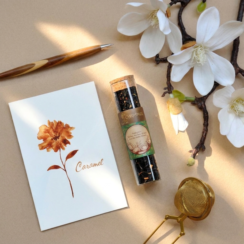 Trà Caramel là trà hoa, trà thảo mộc trong Ống Thủy tinh trụ; bao bì trong suốt cho thấy nguyên liệu bên trong; quy cách 20g. Điểm nhận diện: Bởi hương vị dễ chịu, không ồn ào không quá phô trương, vị