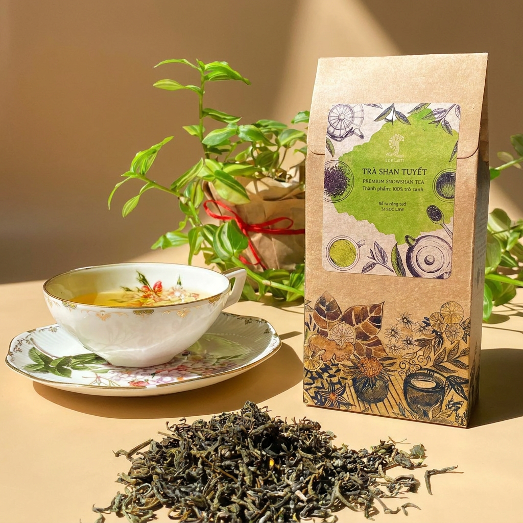 Trà Shan Tuyết là "trà hoa, trà thảo mộc " trong Hộp giấy 50gr; tên sản phẩm và quy cách được thể hiện trên bao bì; quy cách 50g. Điểm nhận diện: Trà cổ thụ được hái kì công, người nông dân phải leo l
