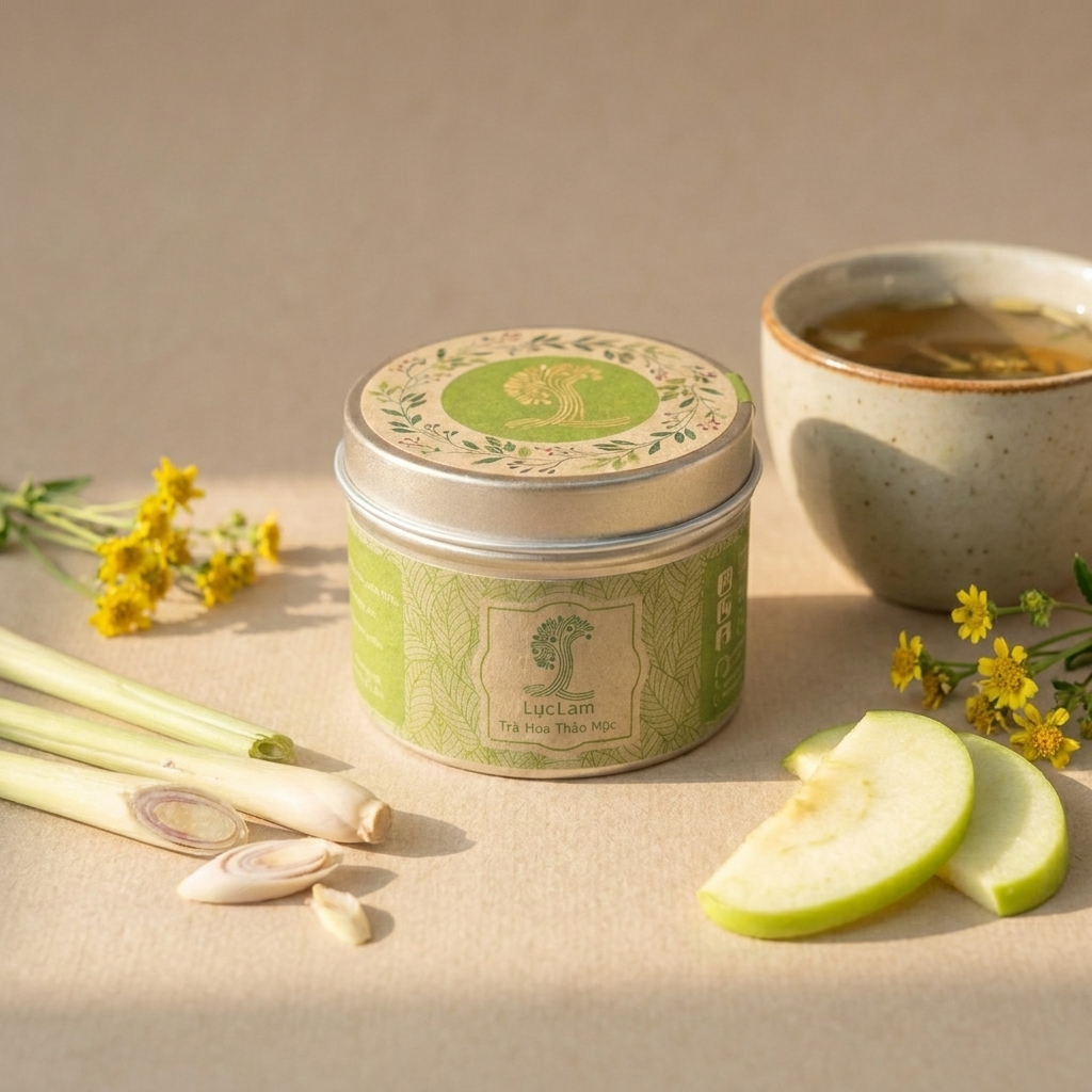 Herbal tea tin (cylindrical metal container) with green paper label, featuring botanical illustrations, printed logo, and a tight-fitting lid.