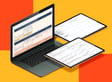 A laptop displaying a form with highlighted sections, accompanied by two tablets showing detailed data analysis and notes, set against a bright orange and yellow background.