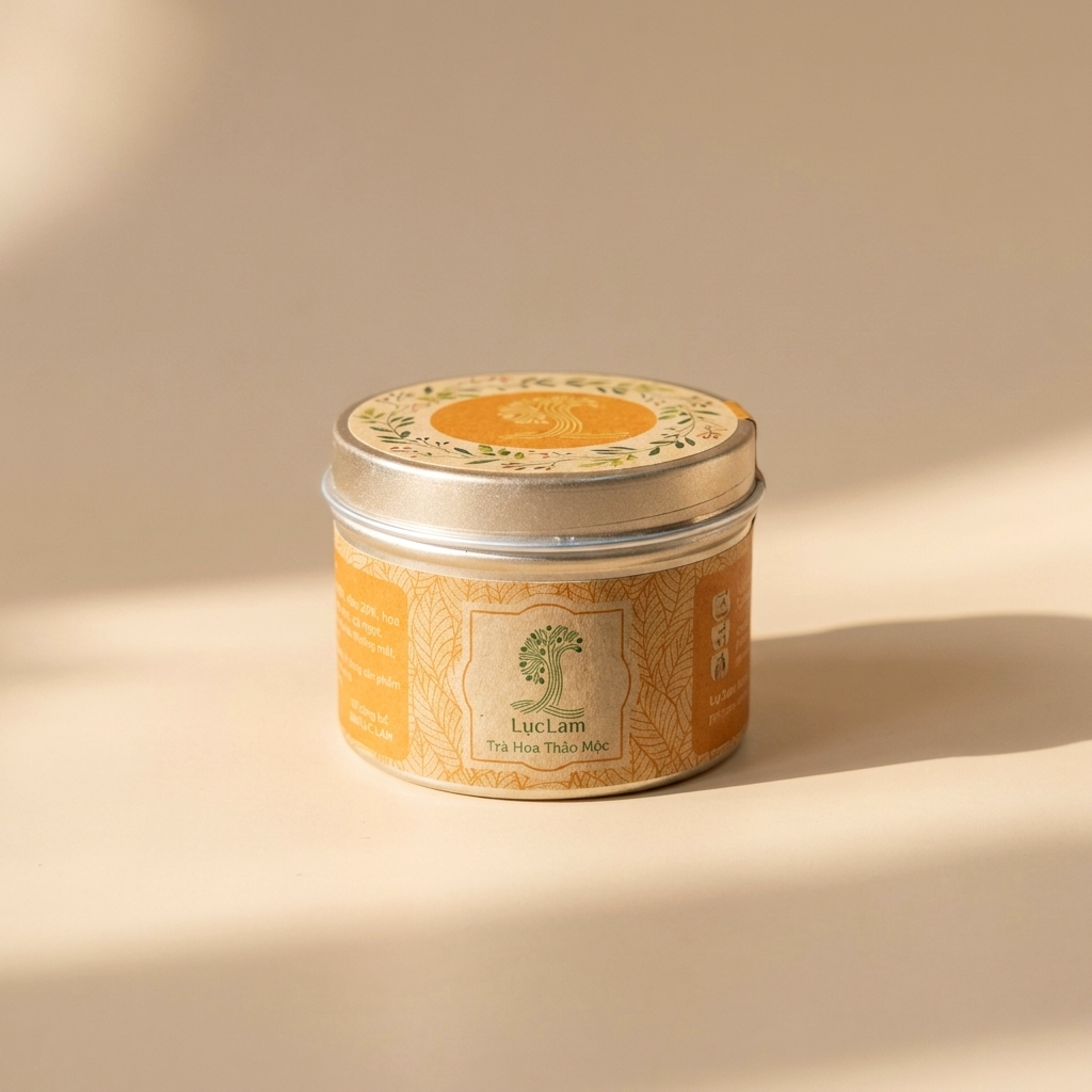 Trà Golden Peach là trà hoa, trà thảo mộc trong Lon thiếc tròn; tên sản phẩm và quy cách được thể hiện trên bao bì; quy cách 30g. Điểm nhận diện: Hương vị thanh mát, ngọt ngào của quả chín cây, kết hợ