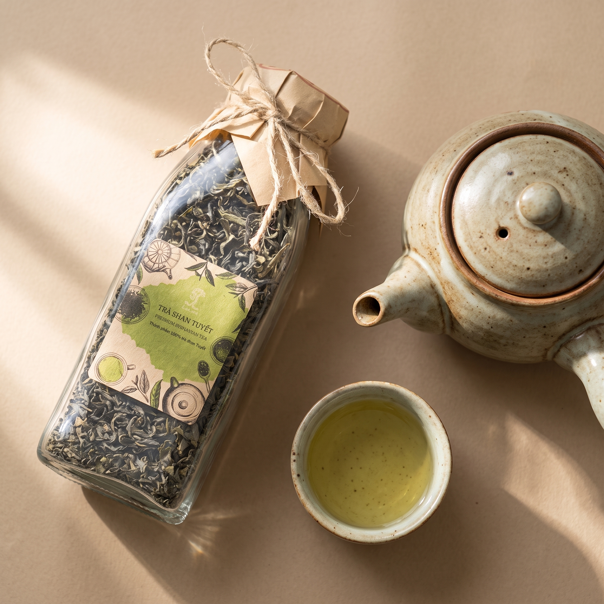 Trà Shan Tuyết trong Chai thủy tinh. Trà lá rời, được đựng trong chai thuỷ tinh có nắp , chai trà thuỷ tinh trong suốt có thể nhìn thấy trà và hoa bên trong. Mỗi lần uống lấy 1 ít pha, sau đó đậy kín