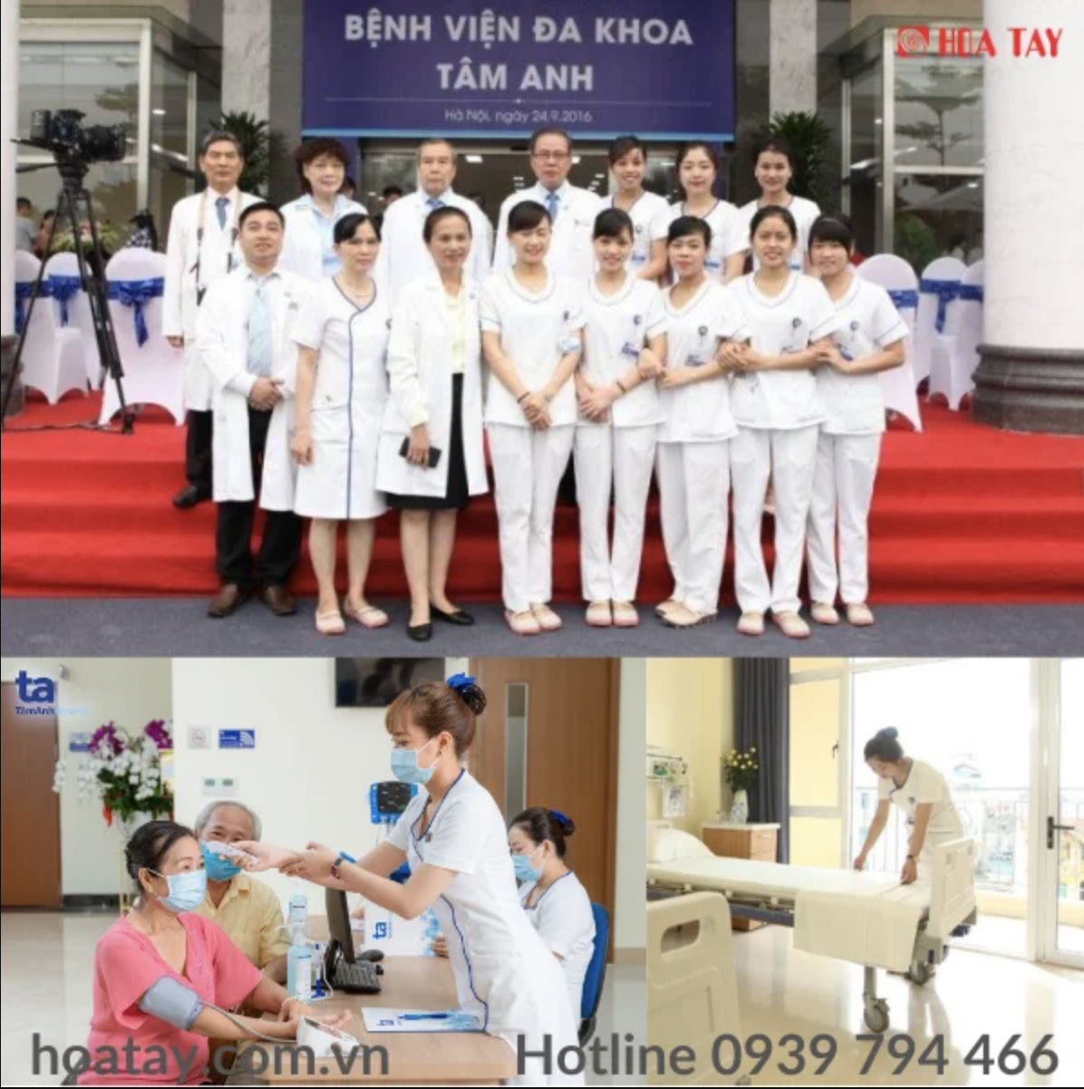 Nhóm 15 nhân viên y tế (bác sĩ, điều dưỡng) đang đứng tạo dáng và làm việc; mặc áo blouse trắng (áo khoác y tế), đồng phục cổ chữ V, chất liệu vải thô, thiết kế tay ngắn, quần dài; bối cảnh bệnh viện,