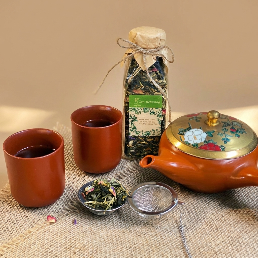 Trà Zen Relaxing trong Chai thủy tinh. Trà lá rời, được đựng trong chai thuỷ tinh có nắp , chai trà thuỷ tinh trong suốt có thể nhìn thấy trà và hoa bên trong. Mỗi lần uống lấy 1 ít pha, sau đó đậy kí