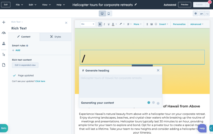HubSpot's free content assistant AI copywriter