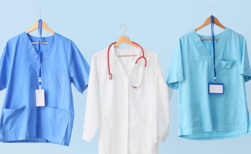 Ba bộ đồng phục y tế treo trên móc gỗ: áo bluzy tay ngắn màu xanh dương, áo blouse trắng dài tay với ống nghe đỏ, và áo bluzy xanh da trời. Nền xanh nhạt, ánh sáng đều.