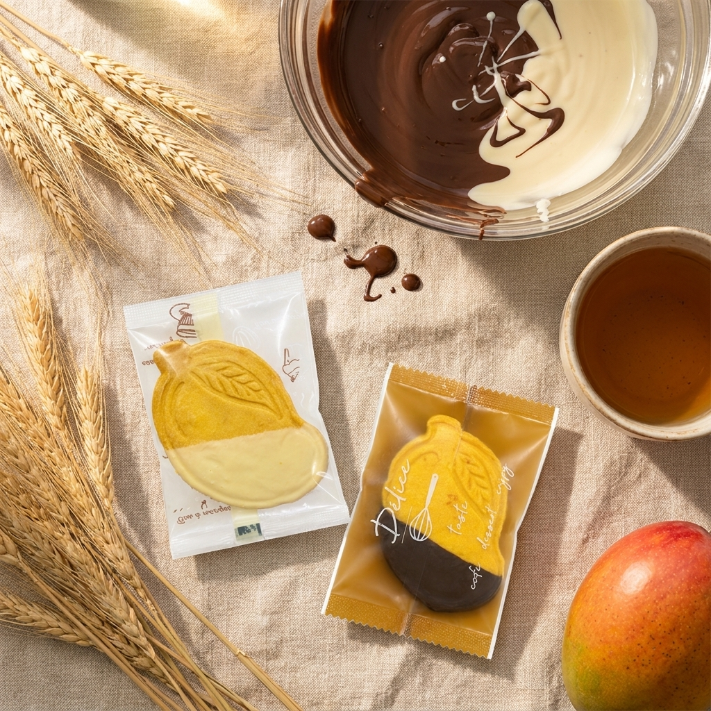 Hộp 160g Bánh Cookie Xoài Nhúng Chocolate gồm 10 chiếc đóng túi riêng lẻ (5 socola trắng, 5 socola đen). Lớp bánh vàng thơm điểm xuyết xoài sấy dẻo và phần phủ socola tinh tươm, tạo nên vẻ ngoài cao c