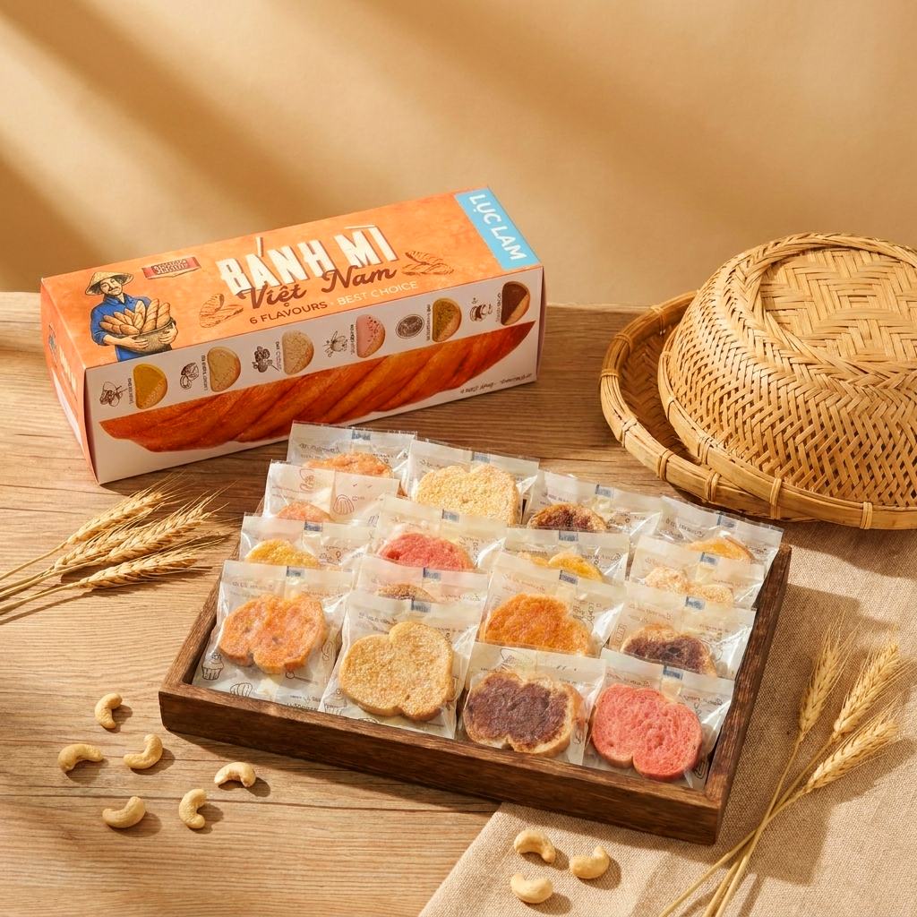 Bài “Bánh Mì Việt Nam”; mục “Nhận diện bao bì và quy cách 100g”. Dùng ảnh tại đoạn nói về câu chuyện sáu hương vị Việt trong một hộp quà dễ chia sẻ; chọn đúng vai trò packshot chính diện khi sắp thứ t