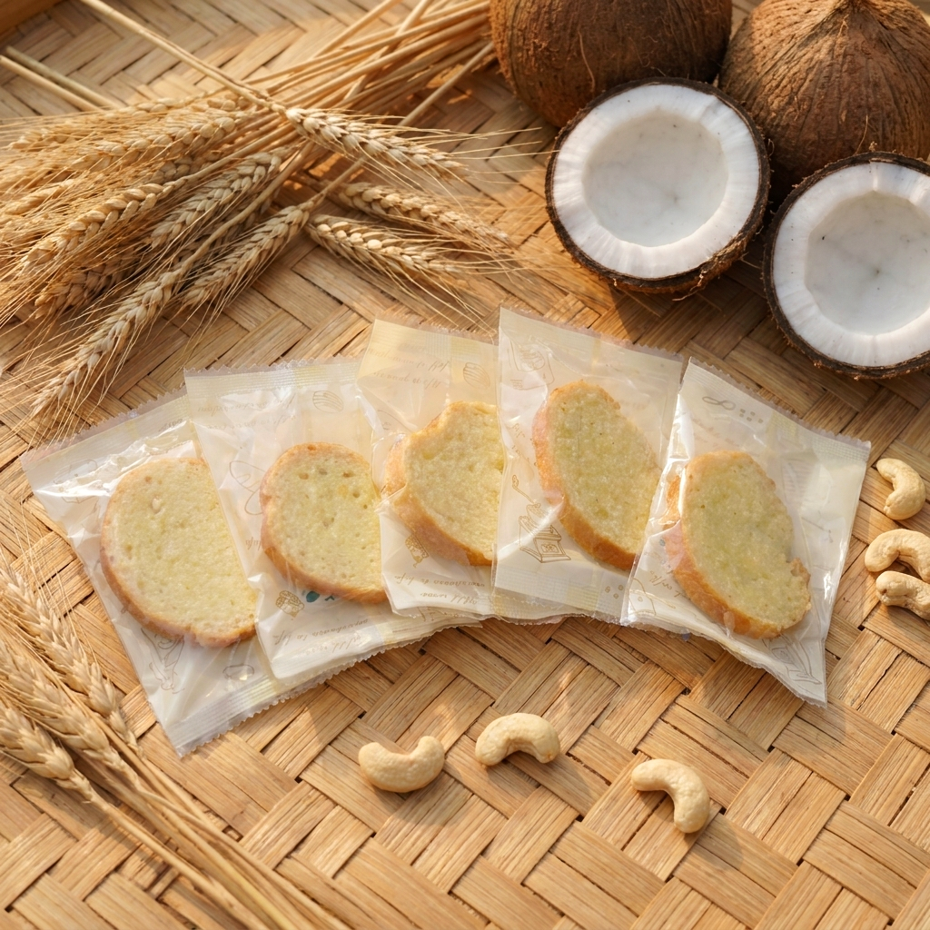 Năm gói rusk vị Dừa xếp quạt trên rổ tre đan, mỗi gói trong suốt lộ lát bánh phết sốt trắng kem; xung quanh có hai trái dừa, một nguyên và một bổ đôi lộ cùi trắng, cùng hạt điều, bông lúa mì. Tập trun