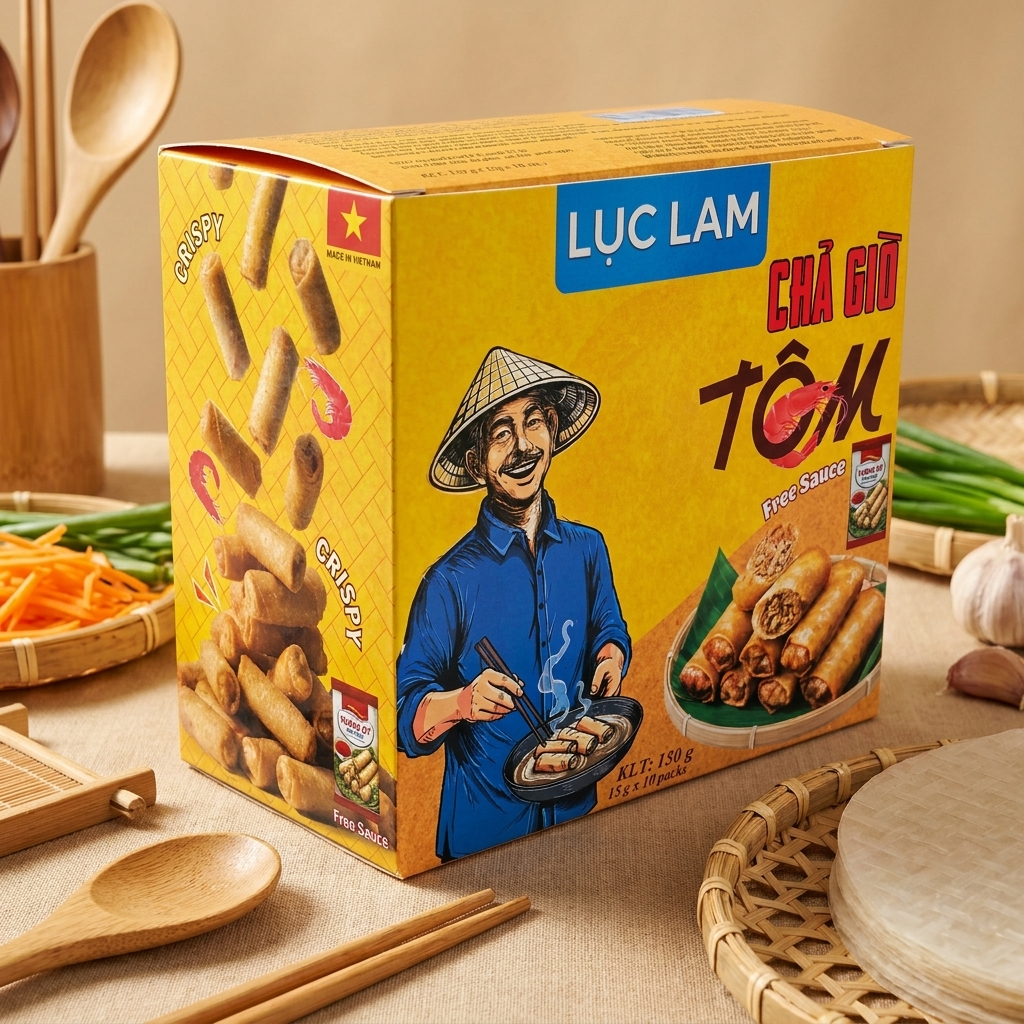 Hộp 150g Bánh Chả Giò Tôm gồm 10 túi nhỏ (mỗi túi 6 chiếc cuốn tôm xinh xắn kèm gói sốt chấm). Màu vỏ cuốn vàng ruộm, khô ráo không đọng dầu, được đóng hộp trang trọng đậm phong vị ẩm thực dân dã Việt